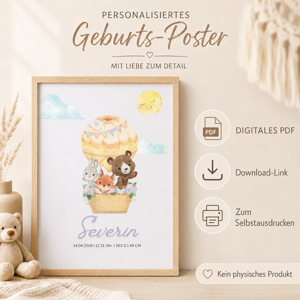 Geburts-Poster Heissluftballon – Personalisiertes PDF Download