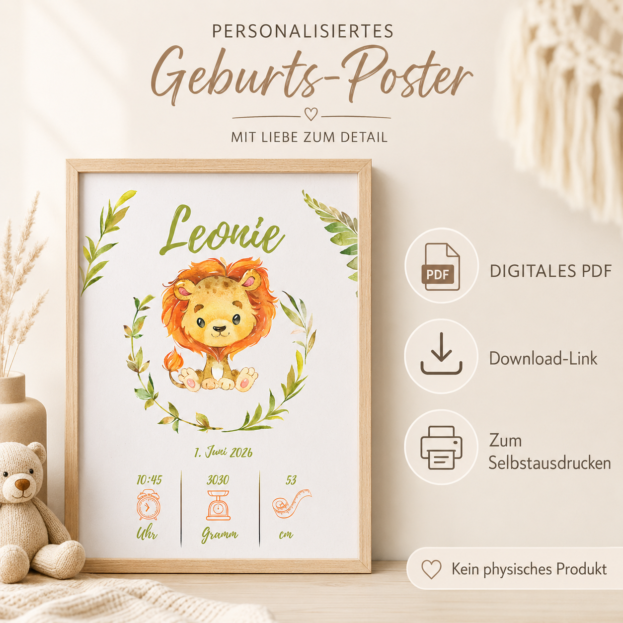 Geburts-Poster Löwe – Personalisiertes PDF Download
