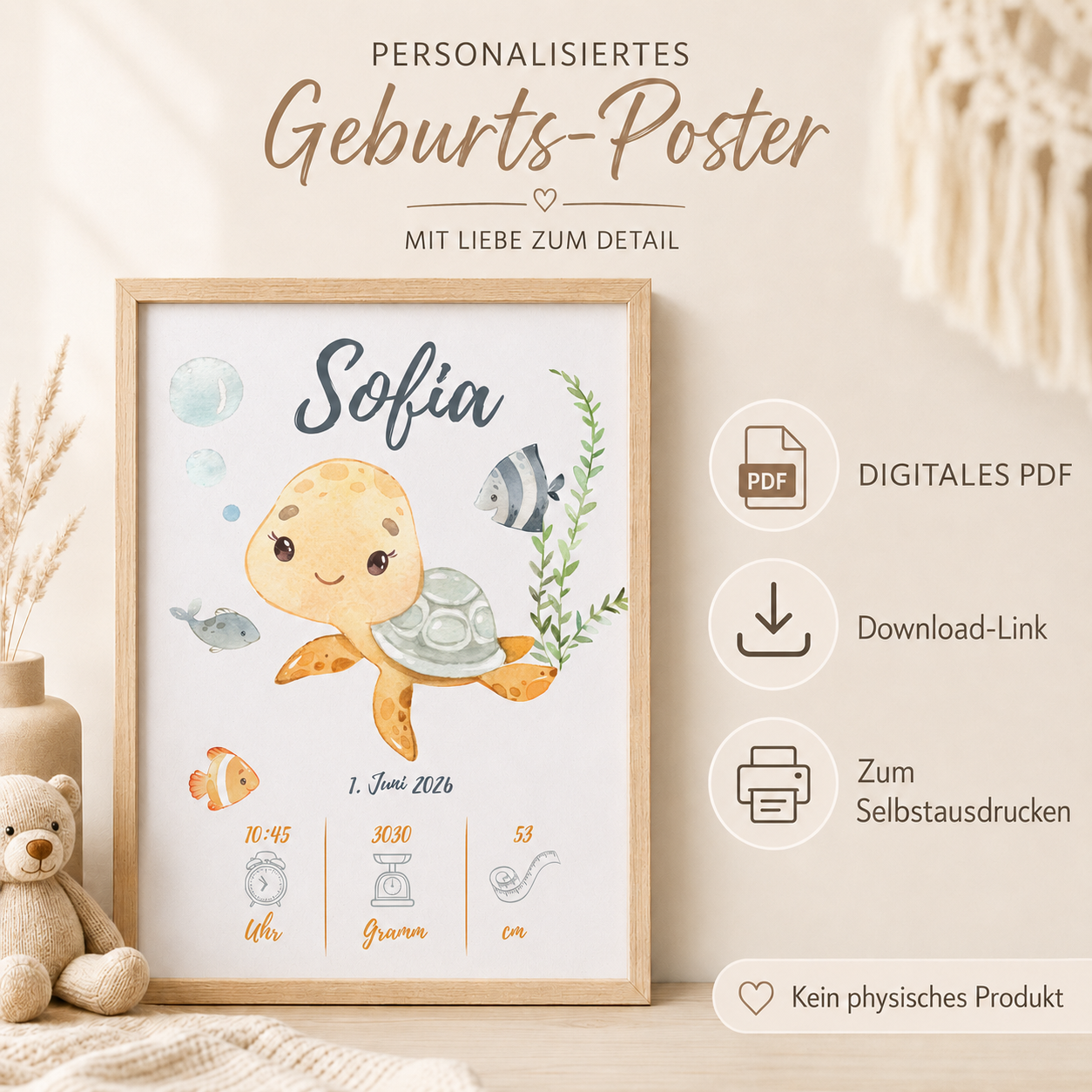 Geburts-Poster Schildkröte – Personalisiertes PDF Download