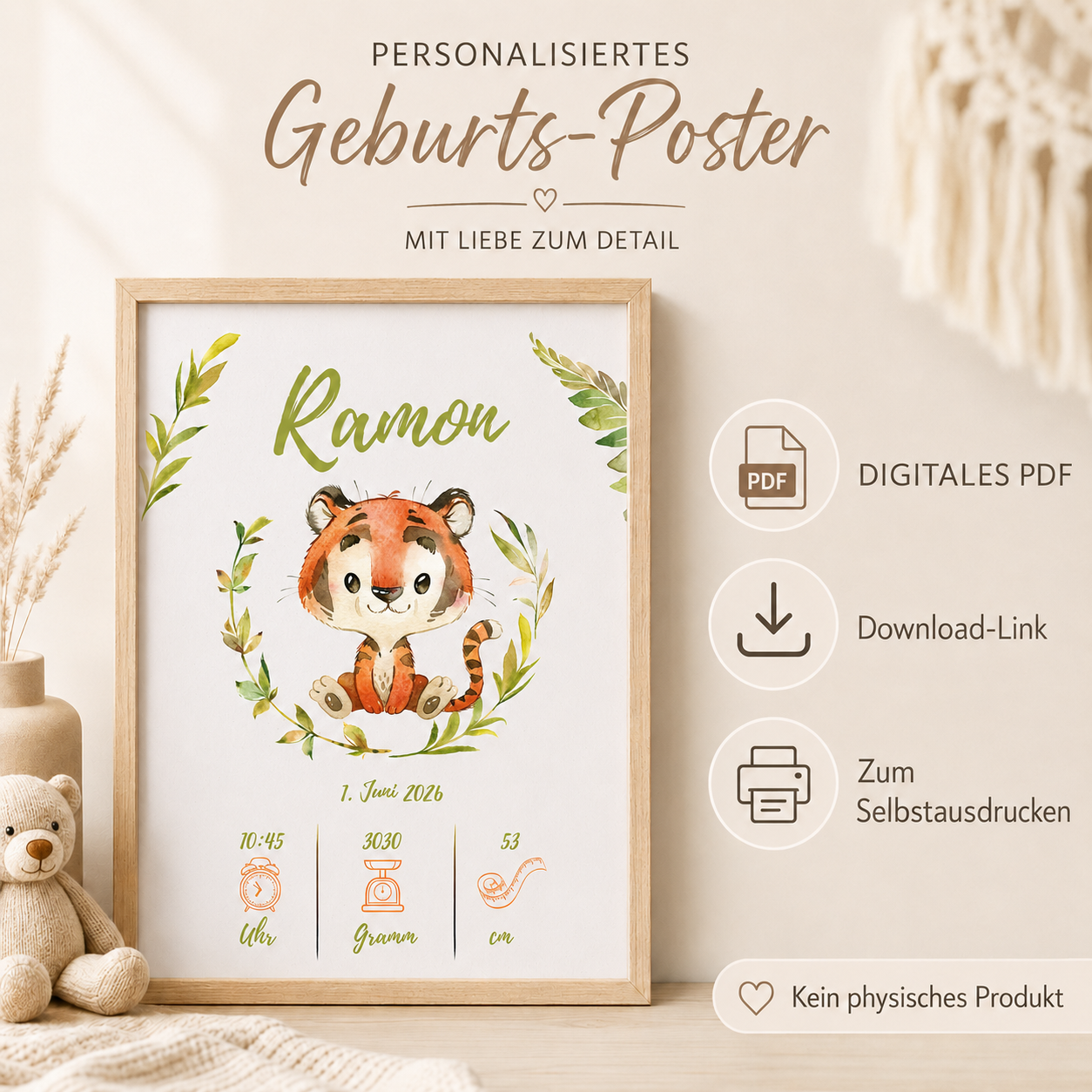 Geburts-Poster Tiger – Personalisiertes PDF Download