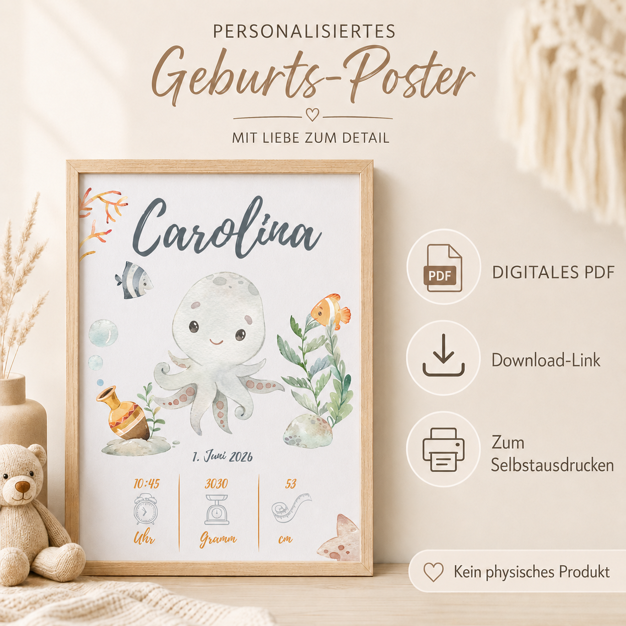 Geburts-Poster Tintenfisch – Personalisiertes PDF Download
