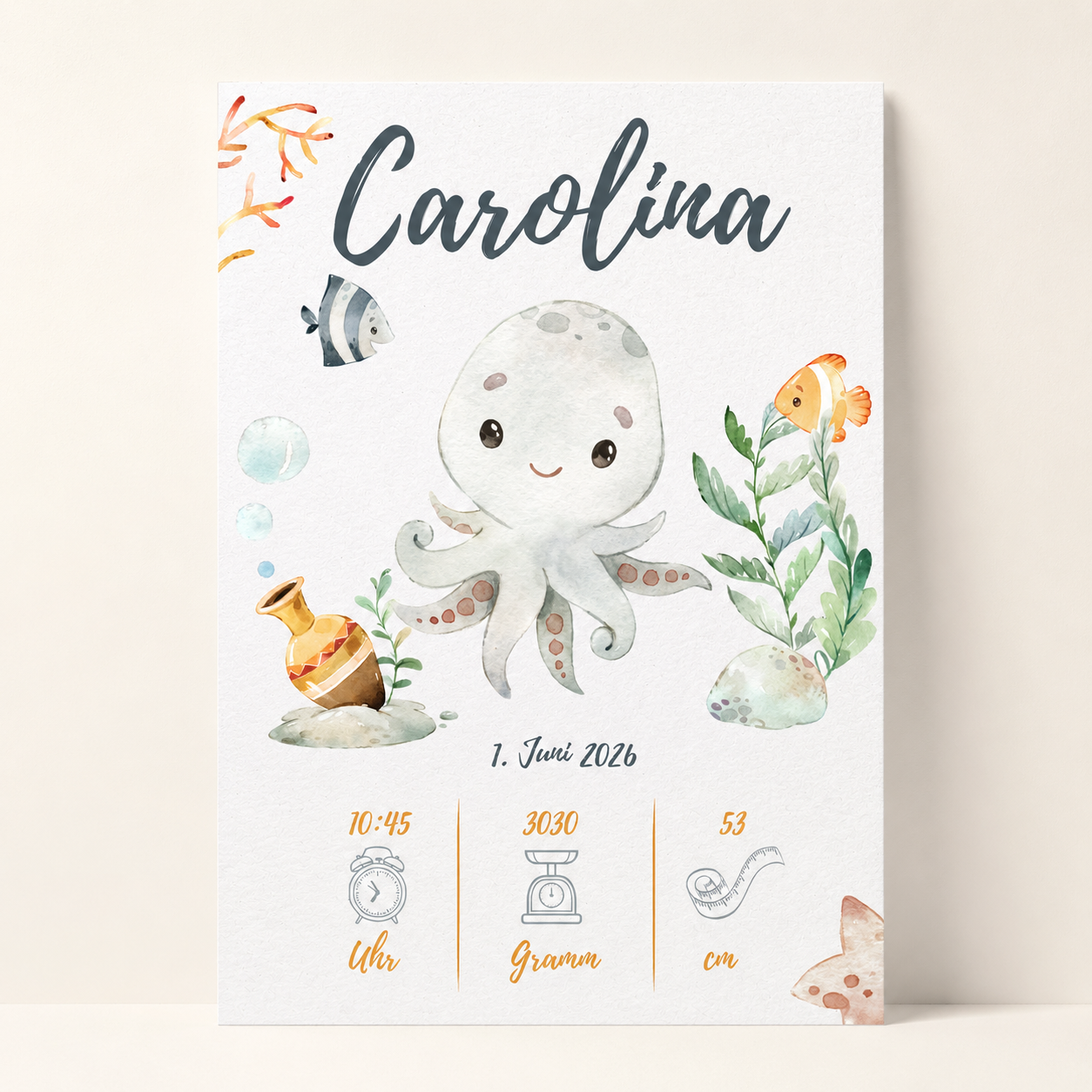 Geburts-Poster Tintenfisch – Personalisiertes PDF Download
