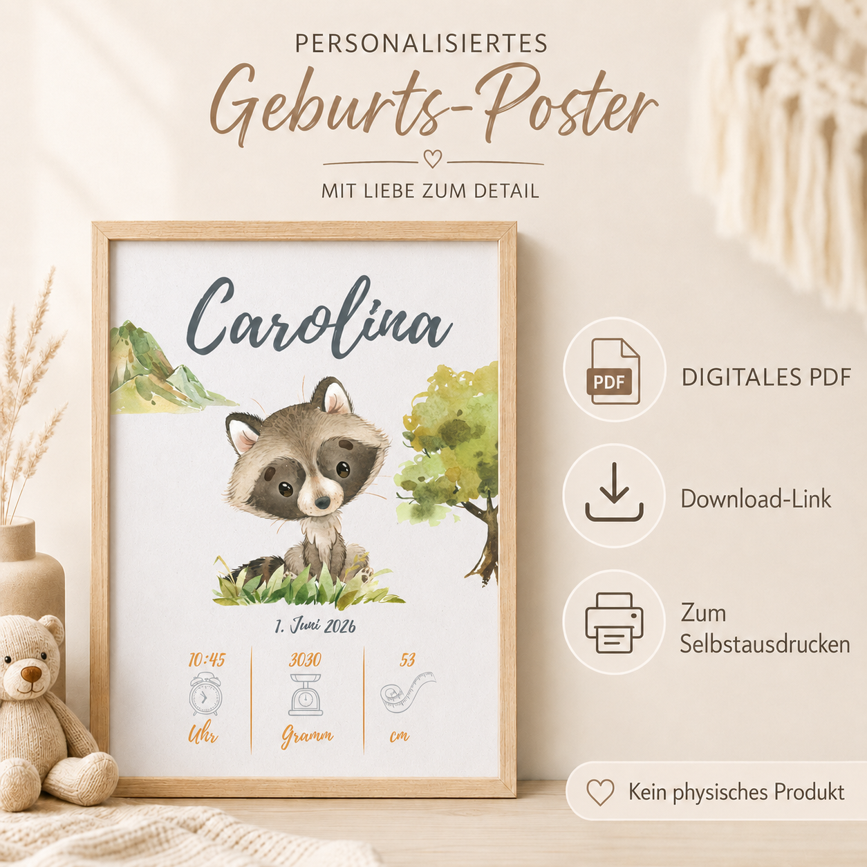Geburts-Poster Waschbär – Personalisiertes PDF Download