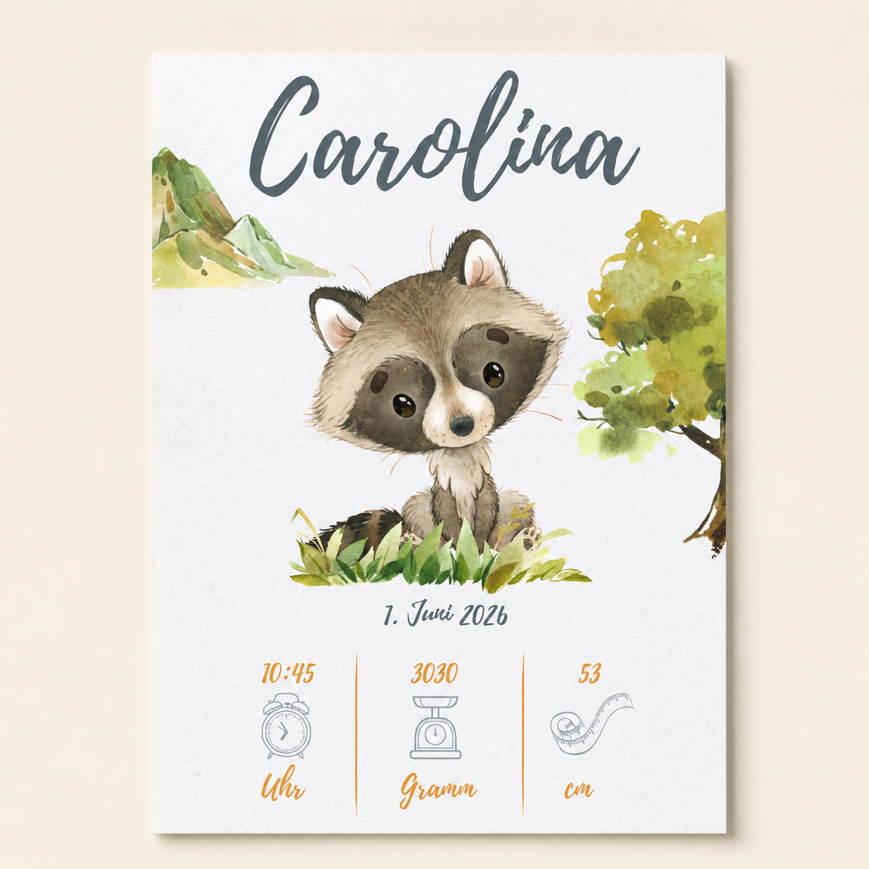 Geburts-Poster Waschbär – Personalisiertes PDF Download